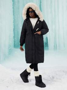 New Fashionable Hooded Loose Overcoat, Horn Button Fur Collar Mid-Long Padded Coat For Women - Black - View 1