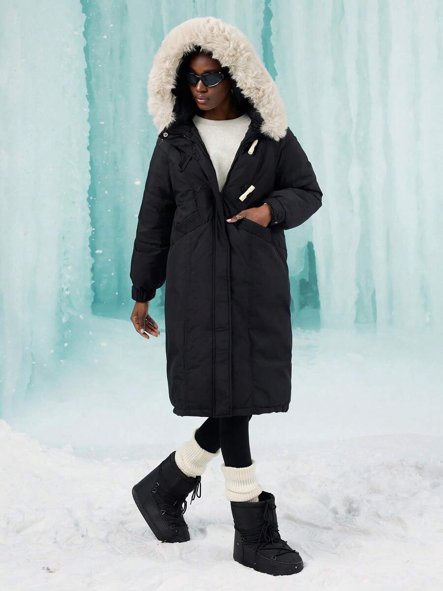 New Fashionable Hooded Loose Overcoat, Horn Button Fur Collar Mid-Long Padded Coat For Women - Black - View 1