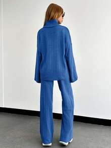 EURMUSE Solid Color Long-Sleeved Sweater And Knitted Trousers Two Pieces Set,Petite,Winter Clothes - Royal Blue - View 2