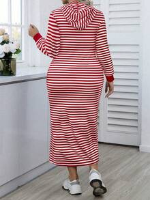 Elenzga Vestido de sudadera casual con capucha con cordón y manga larga a rayas para mujer de talla grande - Rojo - Ver 2