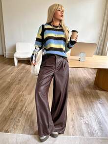 SHEIN EZwear Old Money 女士冬季休闲落肩长袖彩色毛衣，秋冬条纹毛衣，女士毛绒毛衣，秋季 - 彩色 - 查看 3