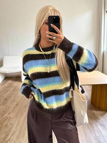 SHEIN EZwear Old Money 女士冬季休闲落肩长袖彩色毛衣，秋冬条纹毛衣，女士毛绒毛衣，秋季 - 彩色 - 查看 6