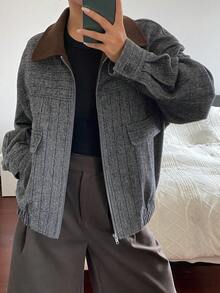 DAZY Women's Loose Fit Plaid Patchwork Wool Blend Jacket, Casual Business Office Wear, Fashion Outdoor Street Style, Autumn/Winter Women Coats - Grey - View 3