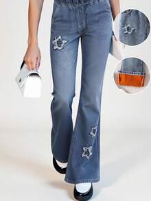 Tween Girls' Thermal Lined Star Embroidered Flare Jeans,Vintage Washed Blue Denim,Winter,School,Back-To-School,Streetwear,Blue And Orange,Non-Stretch - Blue - View 4