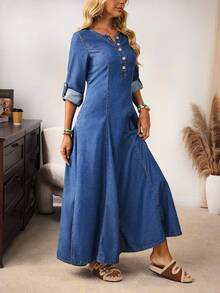 EMERY ROSE 女士纽扣半开襟圆领卷边袖休闲宽松牛仔连衣裙 - 藍色 - 查看 4