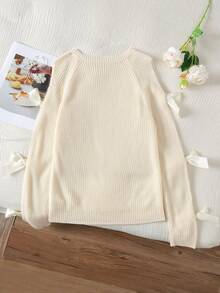 SHEIN Pull pour adolescente couleur unie col rond avec décoration nœud, décontracté et polyvalent, vêtements de rentrée scolaire automne hiver - Nude - Voir 2