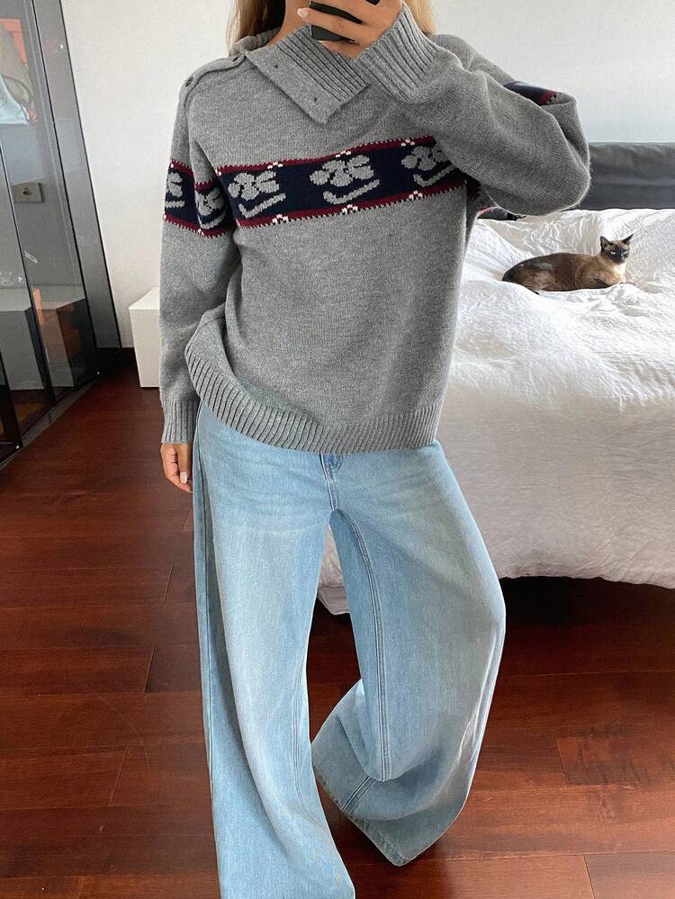 Women's Contrast Color Patchwork Collar Decor Loose Pullover Sweater