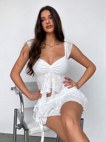 Sweetina 2件套女士超大泡泡袖刺绣方领连衣裙 - 白色 - 查看 4