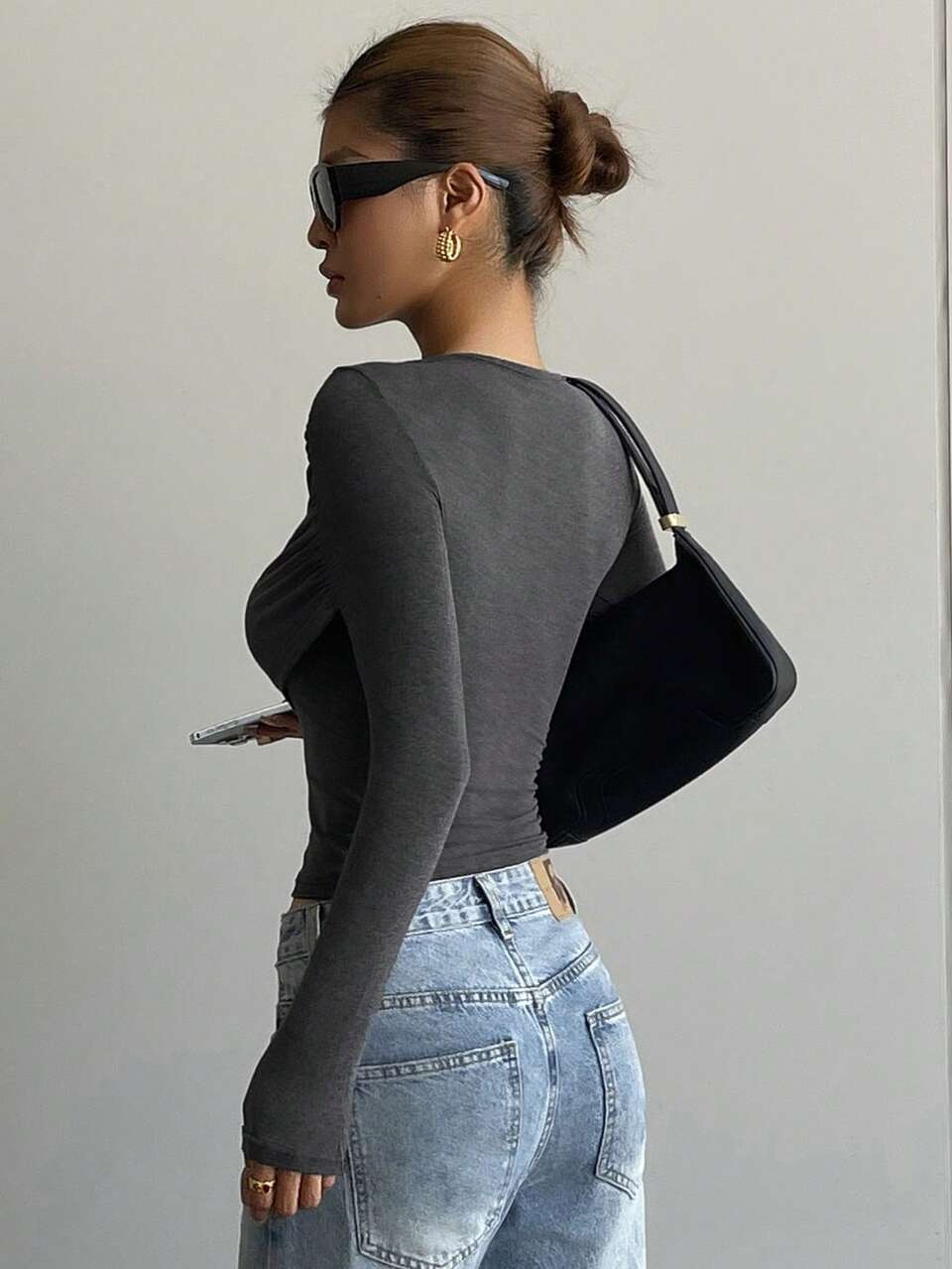 Women's Autumn Ruched Asymmetric Shoulder T-Shirt Long Sleeve Top