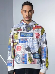 Transformers X SHEIN Hanorac cu buzunar larg, cu imprimeu patchwork, pentru bărbați, casual, la modă, de stradă, cu umeri căzuți, primăvară/toamnă - Multicolor - Vizualizare 3