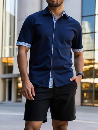 Manfinity Homme Plus Size Men's Summer Casual Contrast Trim Front Button Short Sleeve Shirt