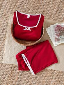 SHEIN Teen GirlChristmas Velvet Pajama Set, Elegant & Comfortable Long Sleeve Top And Straight Leg Pants, Autumn/Winter Home Wear Red Pajama Set Red Pj Set Girls Clothes Red Red Two Piece Outfit Red 2 Piece Sets 13y Girls