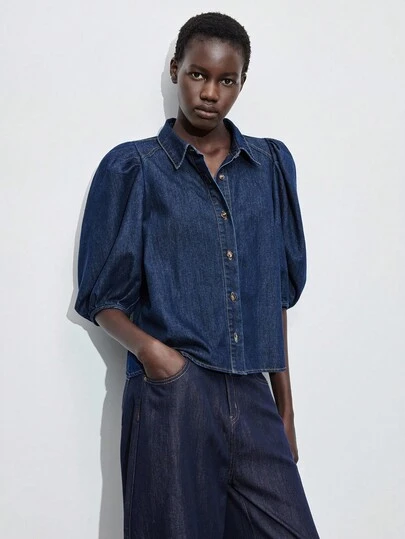 Maija Women's Fashion Puff Sleeve Denim Blouse, Versatile For Commuting, Business Casual, Basic Top
