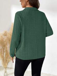 EMERY ROSE Plus Size Solid Color Ribbed Collar Long Sleeve T-Shirt, Casual Autumn Fall - Green - View 2