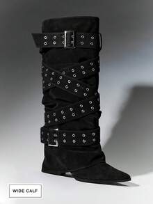 SHUZIA Women's Wide-Calf Comfortable Chic Sexy Faux Suede Knee-High Heeled Boots With Metal Buckle Decors - Black - View 2