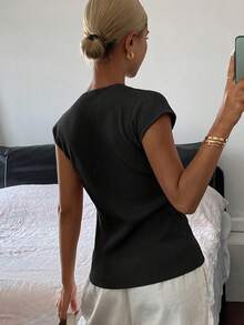 DAZY 女式纯色修身V领弹力休闲开衫，薄款，秋季 - 黑色 - 查看 2