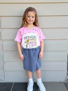 Elladie kids 2件套小女孩返校铅笔印花T恤和牛仔短款校服 - 彩色 - 查看 3