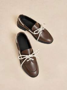 Rosivie Women's Color Block Bow Decor Round Toe Flat Loafers, Suitable For Halloween, Christmas, Party Outfits In Autumn - Coffee Brown - View 1