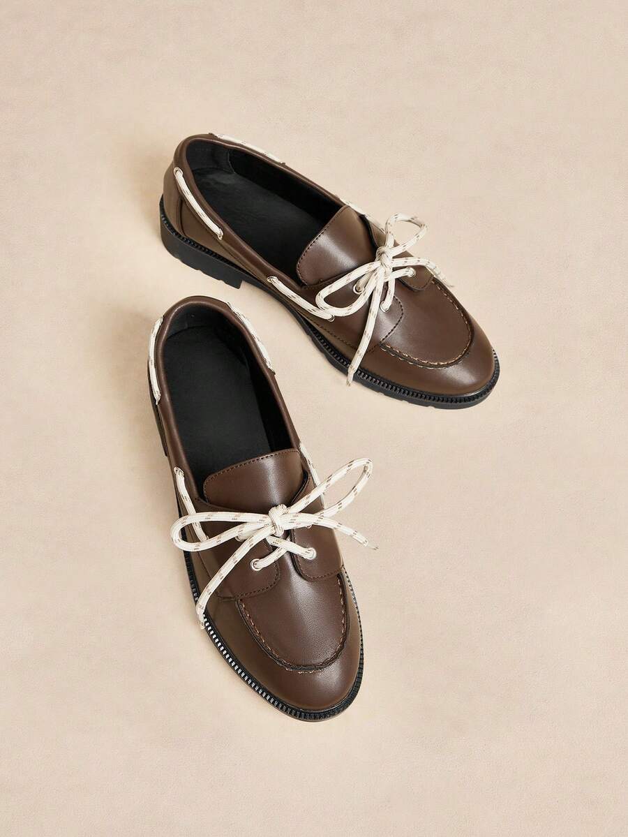 Rosivie Women's Color Block Bow Decor Round Toe Flat Loafers, Suitable For Halloween, Christmas, Party Outfits In Autumn - Coffee Brown - View 1