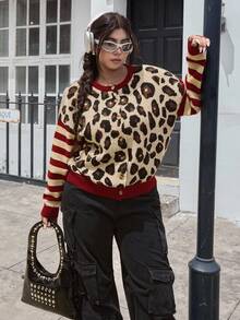 SHEIN EZwear 大码女式豹纹条纹拼布前扣开衫，秋冬休闲装 - 彩色 - 查看 4