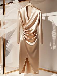 Franclia Women's Elegant Wrap V-Neck Dress - Apricot - View 1