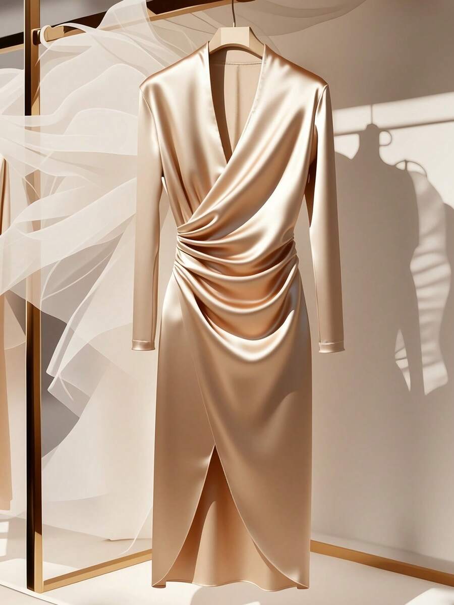 Franclia Women's Elegant Wrap V-Neck Dress - Apricot - View 1
