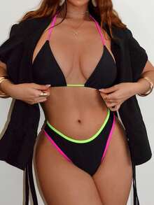 Swim SXY Summer Beach Contrast Binding Tie Back Halter Bikini - Black - View 4