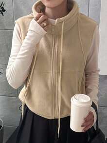 FRIFUL 女士休闲纯色无袖夹克，秋冬背心 - 卡其色 - 查看 2