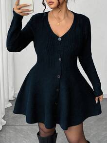 Elenzga Plus Size Fall Solid V-Neck Button Placket Peplum Hem Cardigan - Navy Blue - View 7