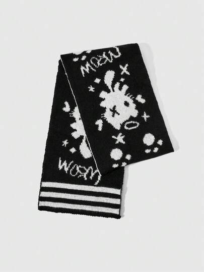 Anime 1 pieza Bufanda clásica de mujer a rayas con diseño de estrella y letra angelical en blanco y negro estilo Kawaii, adecuada para la escuela, las compras y talla grande