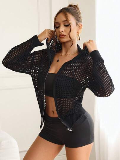 Slayform Women's Solid Color Hollow Design Long Sleeve Zipper Front Casual Sports Hooded Cardigan