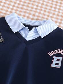 秋冬季少女卫衣，休闲学院风百搭通勤款，二合一卫衣衬衫领字母印花条纹图案宽松 - 寶藍色 - 查看 4