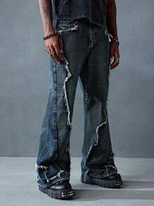 ROMWE MEN Street Life Herren Lässig Mode Straße Vintage Rohe Kante Weite Loose-Fit Jeans - Blau - Übersicht 6