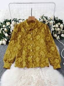 Chiquease 女式黄色提花面料长袖休闲通勤优雅复古衬衫 - 黃色 - 查看 3