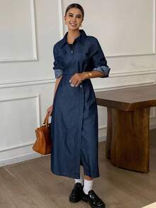 DAZY Đầm maxi denim cài cúc phía trước với chi tiết vạt áo - Rửa tối - Xem 5