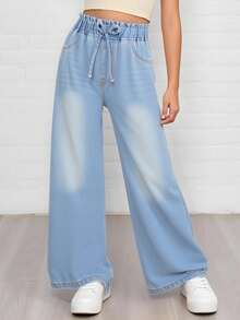 Sparklyn Quần jeans ống đứng dáng rộng rãi cho bé gái tuổi teen có dây rút trang trí ở eo, giặt nhẹ, phong cách giản dị và thời trang - Rửa nhẹ - Xem 4