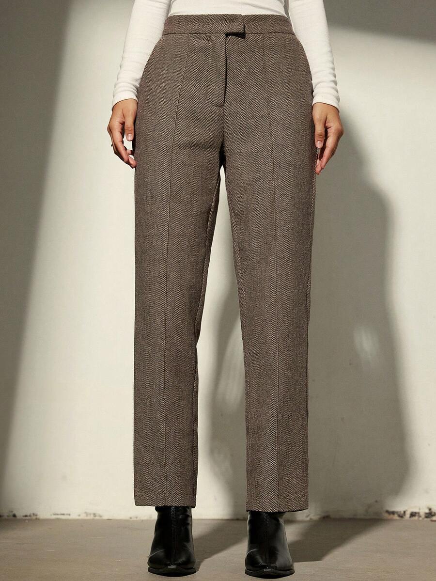 Aveloria Modichic Casual Herringbone Pattern Long Pants, Suitable For Commuting, Autumn/Winter - Brown - View 1