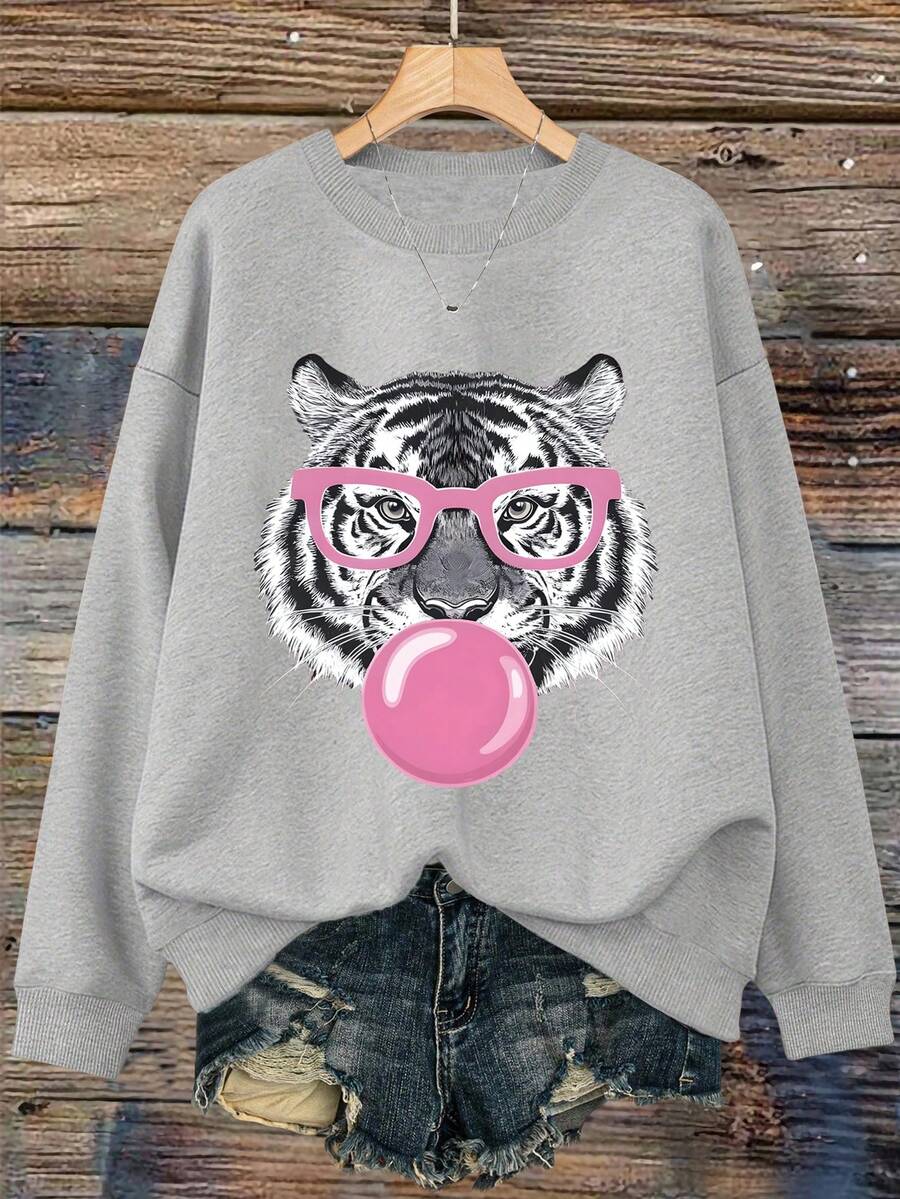 Calvaya 大码女式可爱老虎图案休闲简约户外圆领套头卫衣，适合秋冬季节，新年女装 - 淺灰色 - 查看 1
