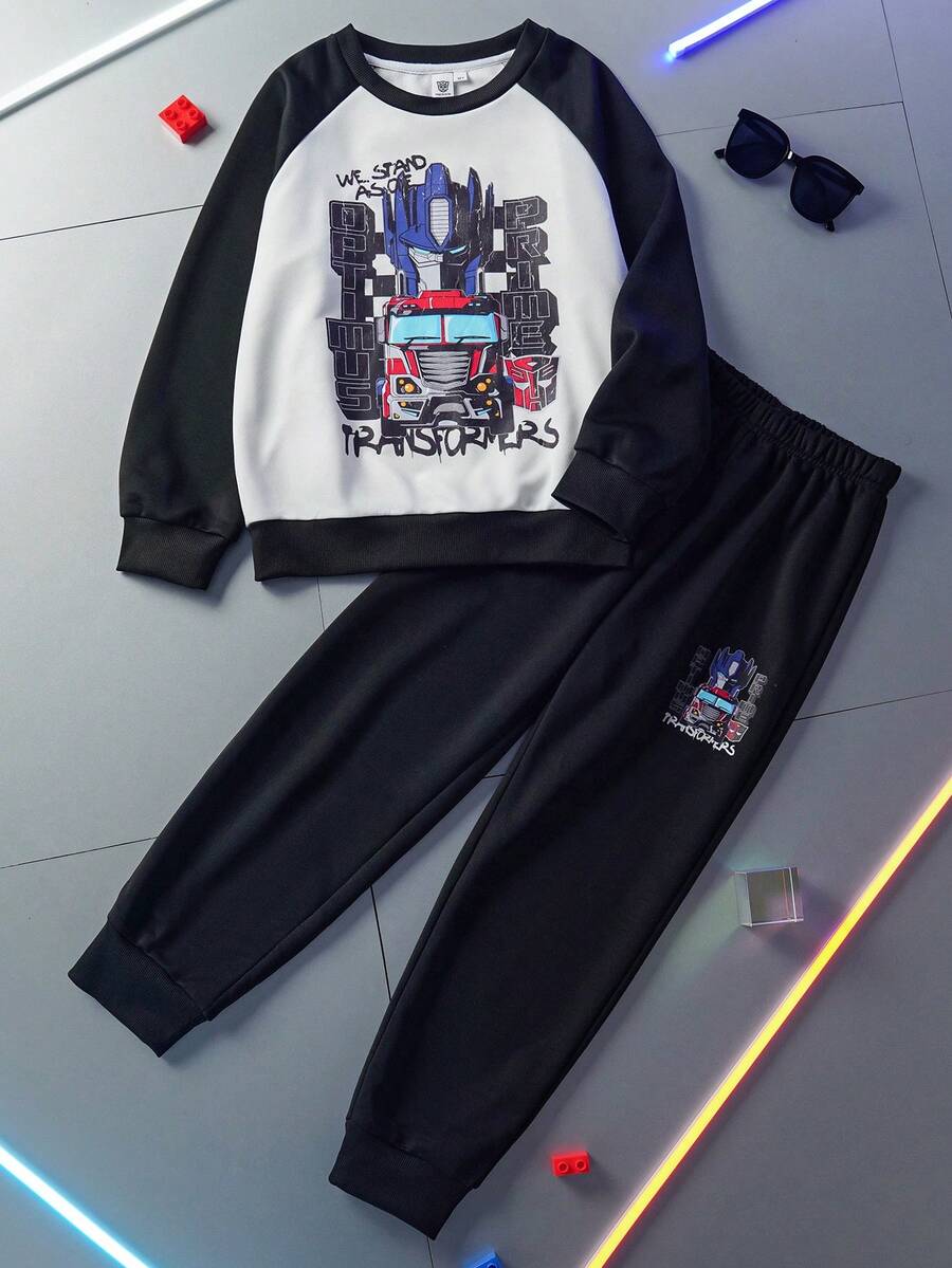 Transformers X SHEIN Conjunto informal de sudadera y pantalón de chándal con estampado de robot y letras, manga raglán de contraste para niño preadolescente, primavera/otoño - Multicolor - Ver 1