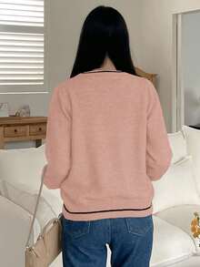 DAZY Women Contrast Color Bowknot Long Sleeve Knit Sweater, Autumn/Winter,Long Sleeve Tops - Pink - View 3