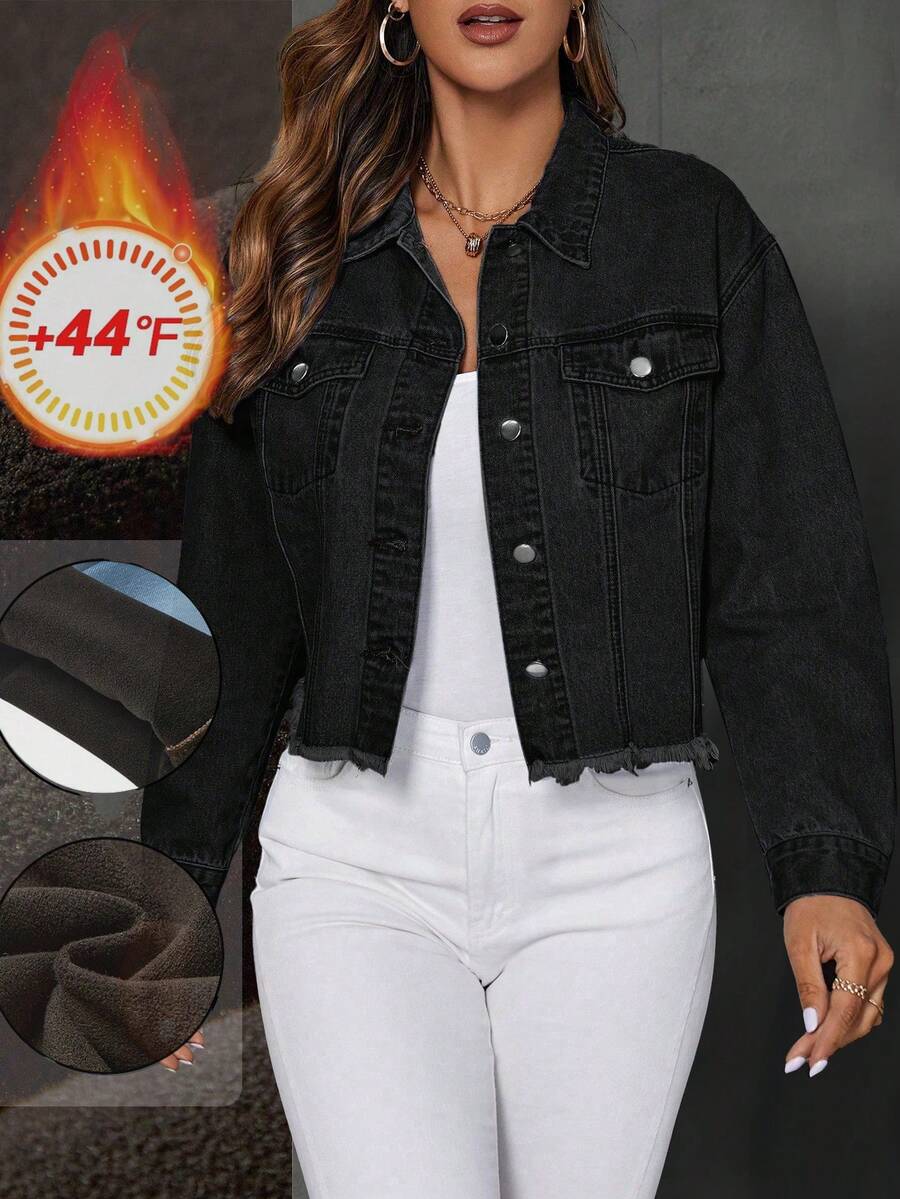 Flirla Plain Color Frayed Hem Front Button Casual Long Sleeve Denim Jacket - Black - View 1
