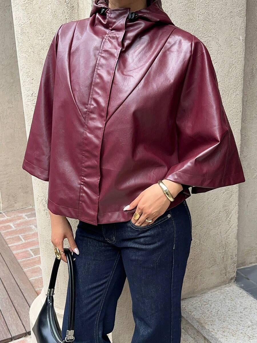 SHEIN EZwear 勃艮第红 PU 皮革女式连帽时尚斗篷夹克 - 酒紅色 - 查看 1