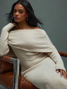 Hauture Pull poncho ample à épaules dénudées, tricoté, doux et douillet, style bohème décontracté sexy pour l'automne - Nude - Voir 2