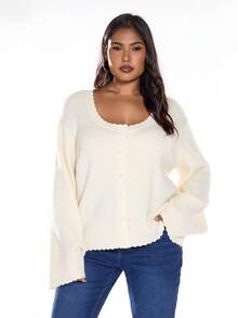 Solavibe Plus Size Casual Autumn White Knitted Cardigan,Solid Color Button Up Long Sleeve Smart Casual Everyday Versatile Top For Commuting,New Year,Christmas - Beige - View 2