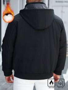 Manfinity Homme 加大码男士长袖休闲日常简约纯色拉链连帽羽绒服，冬季/秋季 - 黑色 - 查看 2