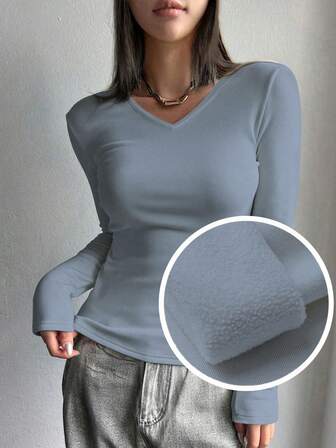 FRIFUL Women's Casual Solid Color Fleece T-Shirt, Versatile For Autumn/Winter