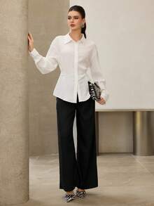 Modelyn Women's Solid Color Turndown Collar Side Button Closure Waist Fitted Long Sleeve Shirt - White - View 8