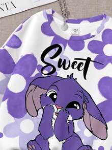 SHEIN Leap Crew 少女可爱卡通蓝色兔子和史迪奇图案，紫色渐变花卉，校园街头风，休闲宽松保暖圆领卫衣，适合秋冬季、度假、阳光之旅、休闲春季、夏季出游 - 彩色 - 查看 6