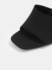 Sandalias de mujer con banda única acanalada y tacón grueso para verano, graduación, baile de graduación, vacaciones, rebajas de verano, regreso a la escuela, estudiantes universitarias, Navidad, otoño, Año Nuevo y vacaciones - Negro - Ver 3