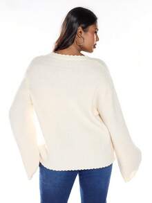 Solavibe Plus Size Casual Autumn White Knitted Cardigan,Solid Color Button Up Long Sleeve Smart Casual Everyday Versatile Top For Commuting,New Year,Christmas - Beige - View 4